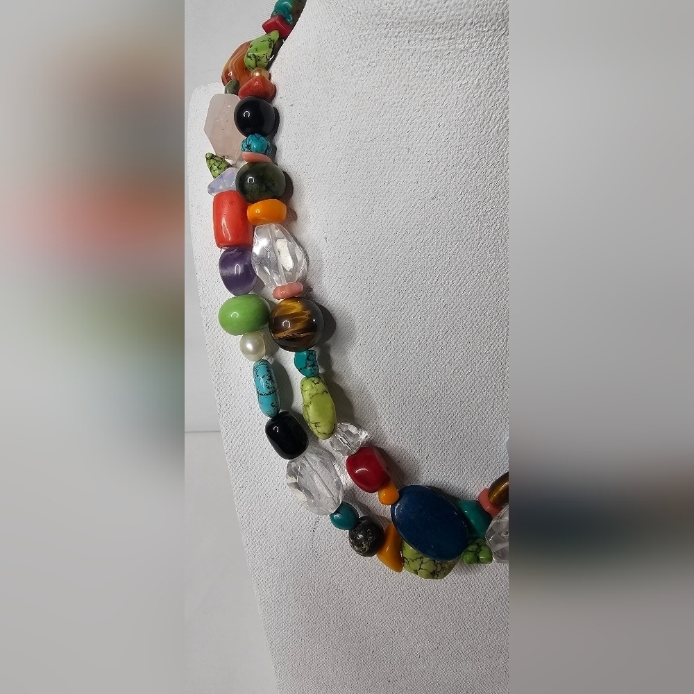 ​Chunky Multi-Gemstone Necklace & Bracelet Set Two Strand Turquoise Jasper Agate - Picture 2 of 9